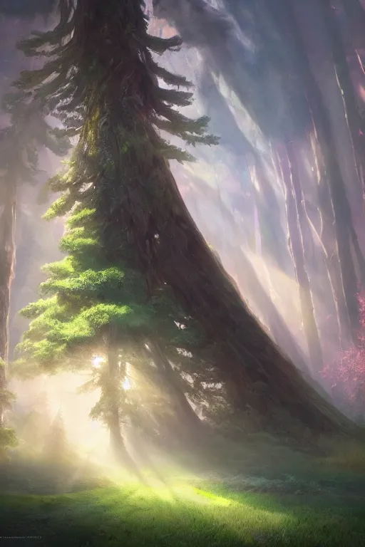 Image similar to a fairy huge sequoia, iridescent crystals on the ground, rays of light, atmospheric, matte-painting, trending on artstation