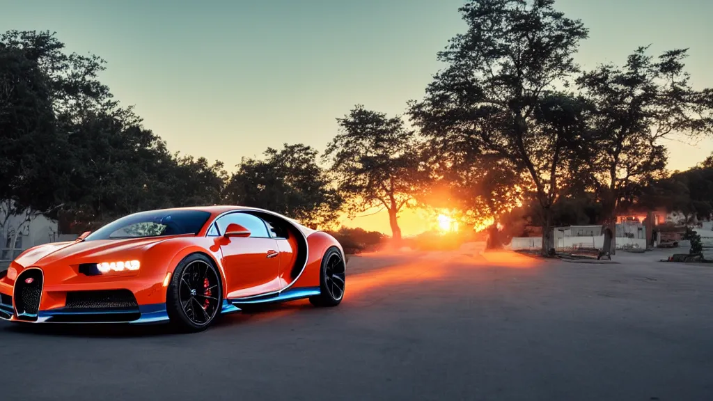 Prompt: synthwave bugatti chiron at sunset, 8 k. filling of the view