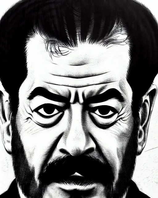 Prompt: saddam hussein, character portrait, portrait, close up, concept art, intricate details, highly detailed, in the style of takehiko inoue, tsukasa hojo, akimino kamijyo, tite kubo, akira hiramoto, tsugumi ohba, makoto yukimura, katsuhiro and inio asano