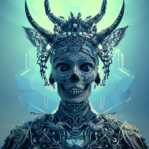 Prompt: viking goddess close-up portrait tribal princess skull, sitting on intricate throne, high tech, cyberpunk, dystopian, jellyfish phoenix dragon, butterfly squid, burning halo, intricate artwork by Tooth Wu and wlop and beeple, greg rutkowski, very coherent symmetrical artwork, cinematic, hyper realism, high detail, octane render, unreal engine, 8k, Vibrant colors, Smooth gradients, High contrast, depth of field, aperture f1.2