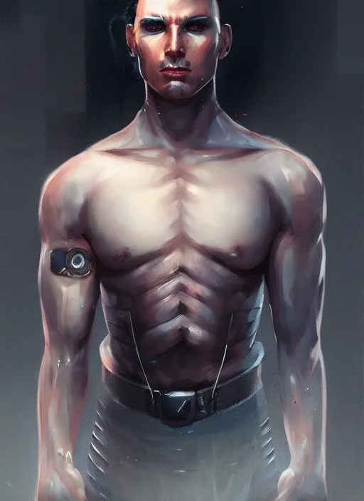 Prompt: « a portrait of a muscular cyberpunk male warrior, a digital painting by charlie bowater, featured on cgsociety, fantasy art, behance hd, wiccan, artstation hd »