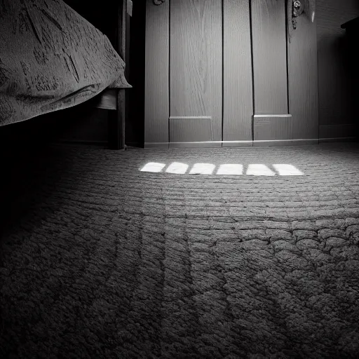 Prompt: A monster is hiding under your bed, dark ambiance, shadows, film grain.