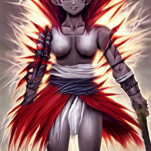 Image similar to realistic art style, ultra - detailed, saiyan girl, wild spiky red hair, long spiky hair, electrified hair, holding scimitar made of bone, scimitar, sword, jagged sword, curved sword, orkish sword, colorized, gray skin, hyper - detailed, primeval fantasy, prehistoric fantasy, drawn by frank frazetta and boris vallejo