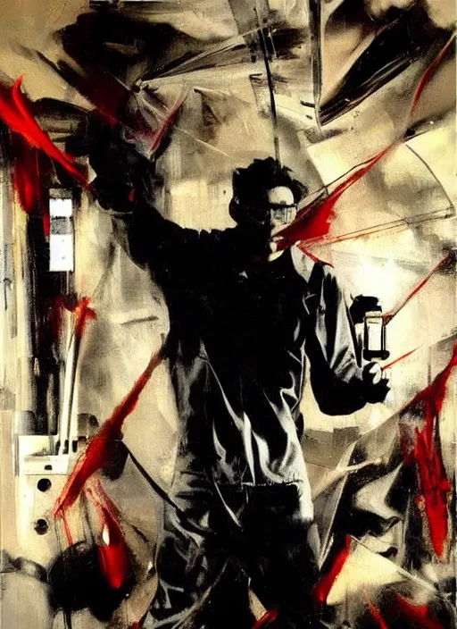 Image similar to zak bagans holding scientific equipment, enraged, painting by phil hale, 'action lines'!!!, graphic style, visible brushstrokes, motion blur, blurry