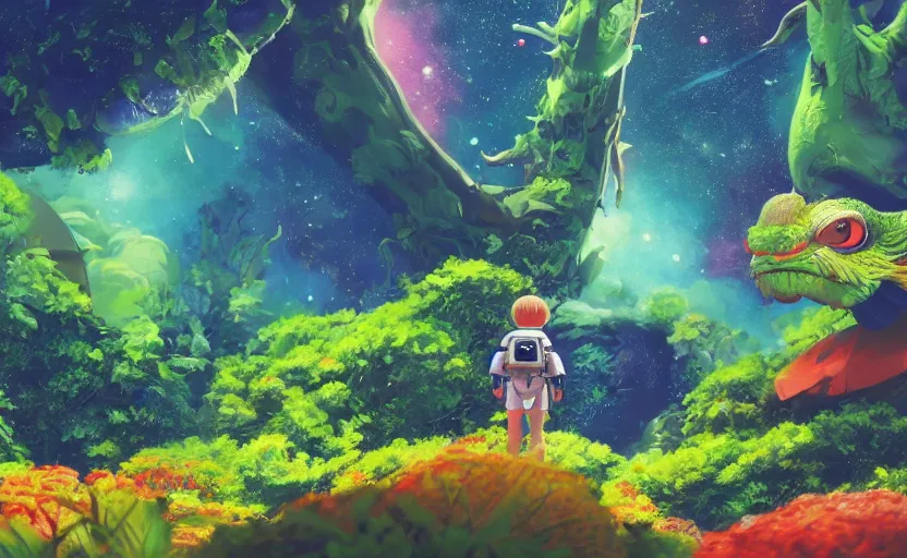 Image similar to a still of a cute adorable tiny astronaut, on a planet of lush colorful foliage, with an enormous kaiju dragon surrounding the full background, magical forest, sharp focus, neon backlit, highly detailed, disney pixar studio ghibli makoto shinkai, digital painting, matte, octane render, cinematic bloom, global illumination, iridescent, anime, 8 k concept art