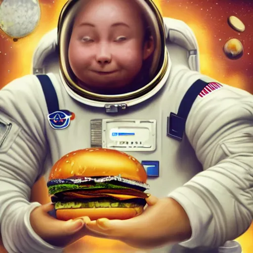 Image similar to a humanoid chicken!!!!! astronaut trying to eat a burger while floating inside of a space station, trending on artstation, cgsociety contest winner, 4 k quality, digital art, anime style, studio ghibli!!!!!