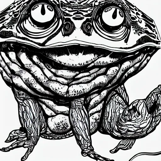 Image similar to deep camouflage angry toad evil eyes poking out eyes from under the water ultra sharp blur background simple background psychedelic contour ink drawing gustave dore cinema 4d