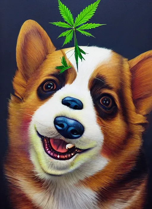 Prompt: beautiful portrait painting of corgi getting high on cannabis, by Afarin Sajedi, Alessandro Barbucci, Alex Gross, Shin Jeongho, Shohei Otomo. trending on Artstation, 8k, masterpiece, face enhance, graffiti paint, fine detail, full of color, intricate detail, golden ratio illustration