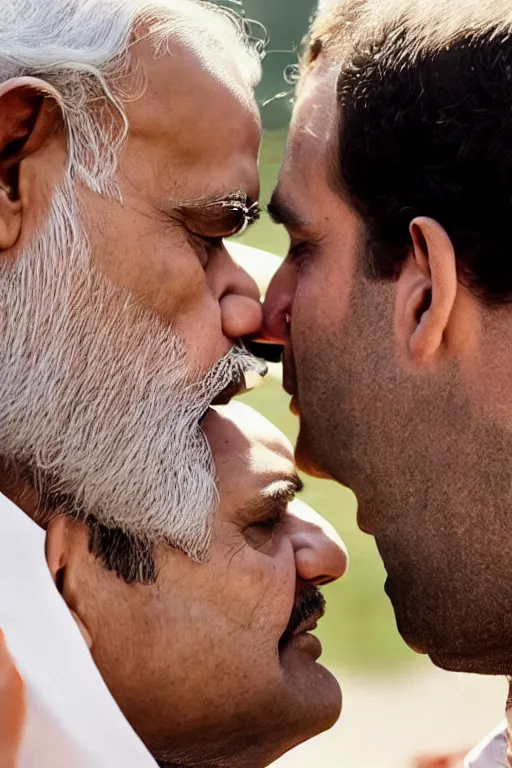 Image similar to narendra modi kissing rahul gandhi, closeup, india, detailed, photography alexey kurylev, cinematic