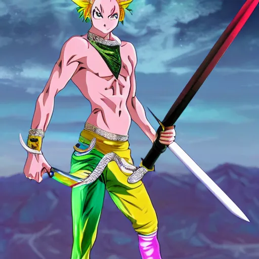 Prompt: hisoka wearing borat pants with a shiny chrome sword in his hand while standing on a rainy rooftop with girls in colorfull bikini ‘ s in the back, anime style, 4 k, high detail, 3 d cgi, futuristic, apocalyptic