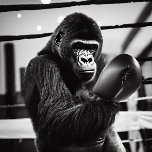 Prompt: photo of a Gorilla as a boxer, DSLR 50mm