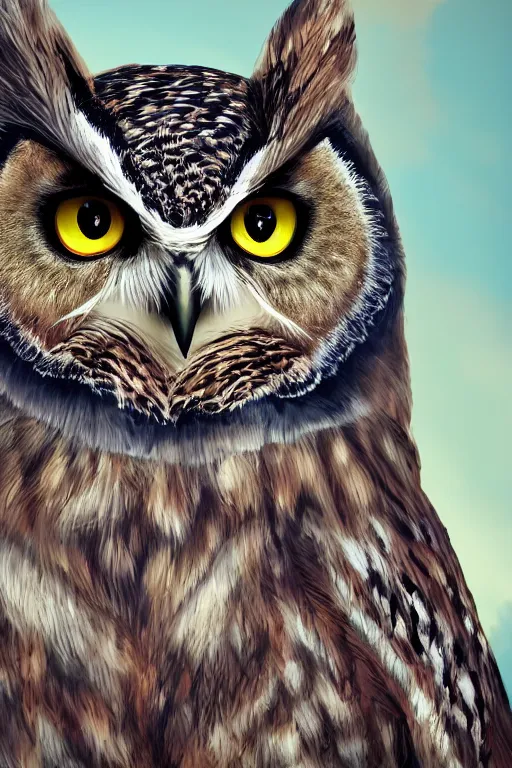Image similar to photo of an owl with cat ears and muzzle, feathers, wings, cute cat eyes, night, epic, realism, 8K, detailed, high quality, photo, photorealism