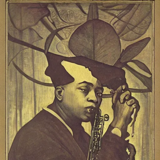 Image similar to charlie parker by hieronymus bosch alphonse mucha