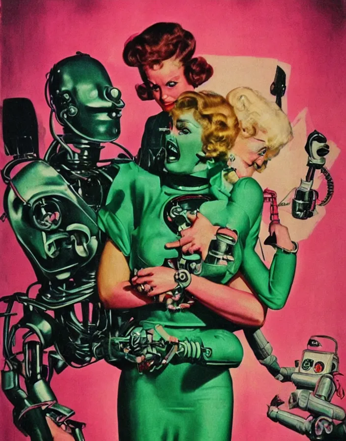 Prompt: a female housewife!!!! being hugged by a manly retro metal - suited!!! robot!!!!, 1 9 5 0 s horror film movie poster style, ( norman rockwell oil painting ), close - up, tight shot, retro science fiction, vintage, saturated pink and green lighting, shadowy lighting, cohesive!!!