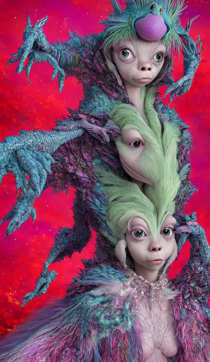 Prompt: hyper detailed 3d render like a Oil painting - kawaii portrait Aurora (a beautiful skeksis muppet fae queen from dark crystal that looks like Anya Taylor-Joy) seen red carpet photoshoot in UVIVF posing in scaly dress to Eat of the Strangling network of yellowcake aerochrome and milky Fruit and His delicate Hands hold of gossamer polyp blossoms bring iridescent fungal flowers whose spores black the foolish stars by Jacek Yerka, Ilya Kuvshinov, Mariusz Lewandowski, Houdini algorithmic generative render, Abstract brush strokes, Masterpiece, Edward Hopper and James Gilleard, Zdzislaw Beksinski, Mark Ryden, Wolfgang Lettl, hints of Yayoi Kasuma, octane render, 8k