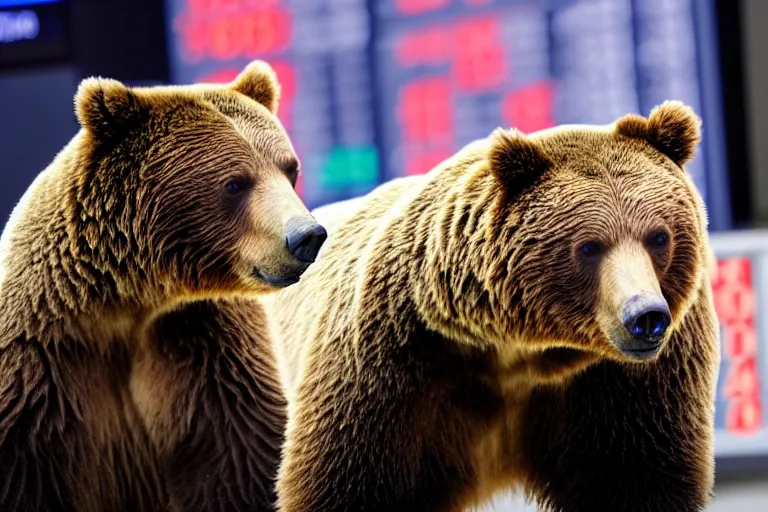 Image similar to literal grizzly bears screaming on the floor of the NYSE as the markets rally to all-time-highs, high definition color photograph