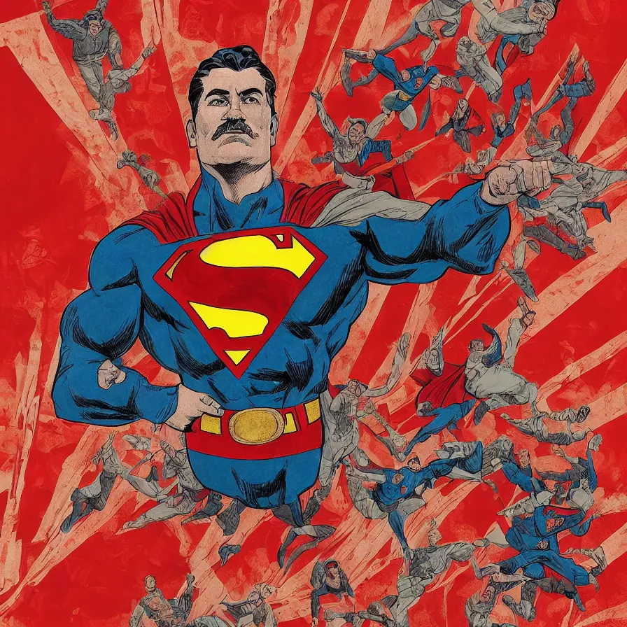 Image similar to epic comic book cover of stalin as superman floating over the red square ( moscow ), hammer and sickle, cccp, ussr, socialist realism, soviet nostalgia, sovietwave aesthetic, photorealistic, intricate digital art, trending artstation, artgem, rich moody colors, fan art, concept art, in the style of the red son