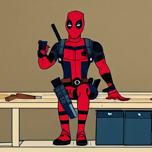 Image similar to movie still of deadpool as a pickle sitting on a workbench, high resolution, cartoon