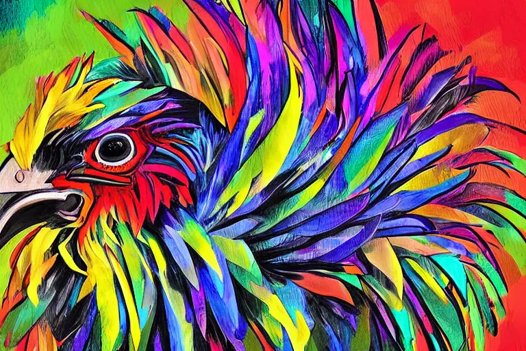 Prompt: digital painting of an ominous rooster with feathers of many colors, by javier medellin puyou and tim lord, lively colors, portrait, sharp focus, colored feathers, jungle