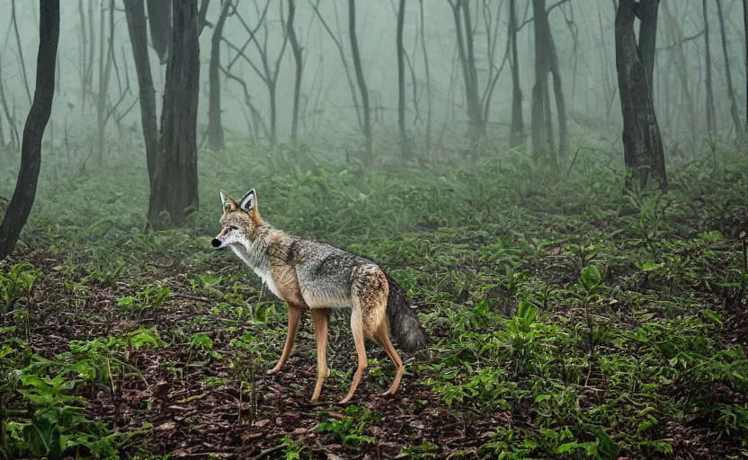 Image similar to a coyote in a foggy jungle, photography