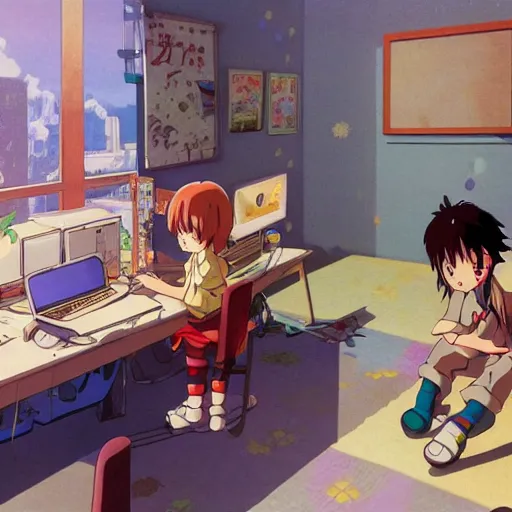 Image similar to anime, young kids playing computer games in a 9 0 s kid bedroom, happy, studio ghibli,