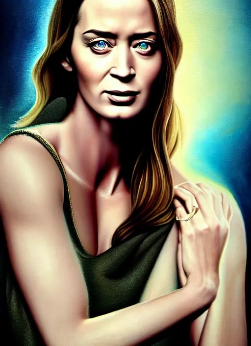 Image similar to youthful Emily Blunt staring seductively at you. ultra detailed painting at 16K resolution and amazingly epic visuals. epically beautiful image. amazing effect, image looks gorgeously crisp as far as it's visual fidelity goes, absolutely outstanding. vivid clarity. ultra. iridescent. mind-breaking. mega-beautiful pencil shadowing. beautiful face. Ultra High Definition. godly shading. amazingly crisp sharpness. photorealistic film cel processed twice..