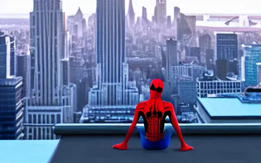 Image similar to spider - man on top of a building in new york watching the sunset, unreal engine 5, render, cg society