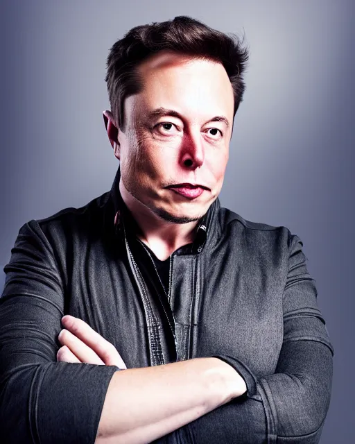 Prompt: A studio portrait of Elon Musk of SpaceX and Tesla fame as a chrome-plated robot, highly detailed, bokeh, 90mm, f/1.4