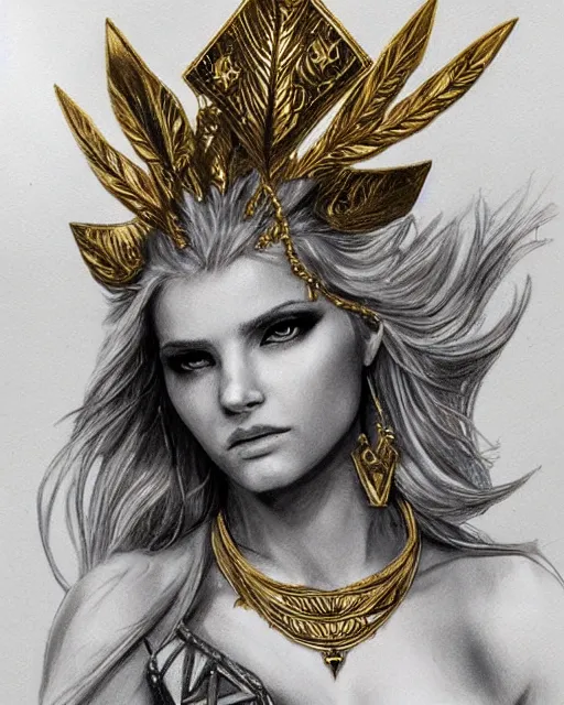 Image similar to tattoo sketch of hot blonde super model as aphrodite greek goddess wearing a gold laurel wreath and triangle earrings, beautiful piercing gaze with sharp pupils, in the style of greg rutkowski, fantasy, amazing detail, epic, elegant, smooth, sharp focus, front view