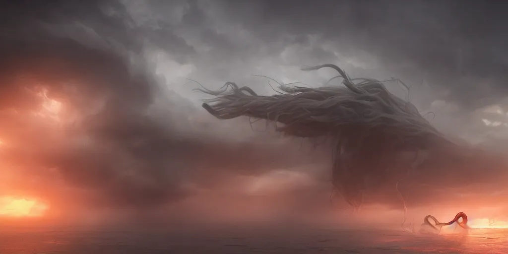 Image similar to wind kissed ashes, lament, Medusa , thunderstorm, photorealism, concept art, cinematic atmosphere, volumetric lighting, octane render, 4k, digital painting,-H 1024