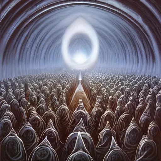 Prompt: a dark cabal of multiple hooded elven mystics in long dark robes gathered in a circular formation around a highly advanced alien computer, dan seagrave art, michael whelan