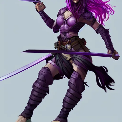 Prompt: beautiful female warrior with long purple hair and katana in epic fighting pose, highly detailed, trending on artstation, stylized, by WLOP