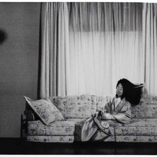 Image similar to a woman in a hanbok sitting on a couch, a starfish arm coming through the window, minimal cinematography by Akira Kurosawa, movie filmstill, 1950s film noir, thriller by Kim Jong-il and Shin Sang-ok, monster movie, tri-x 3200