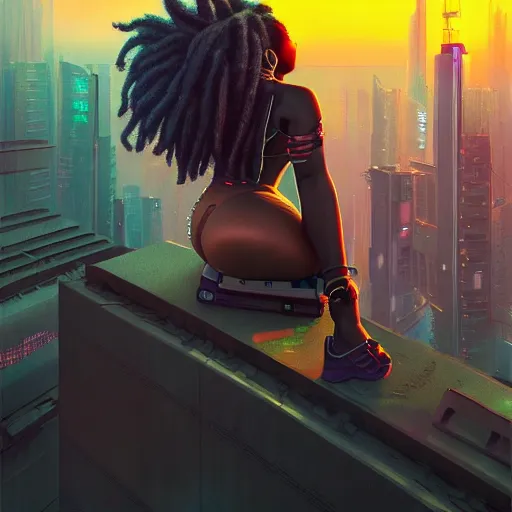 Prompt: a bbw black woman with dreadlocks and beautiful glowing eyes sitting on top of a skyscraper in the cyberpunk city at sunset, by greg rutkowski and android jones and Alena Aenami in a surreal portrait style, oil on canvas, cyberpunk, vibrant color scheme, 8k, ultrarealistic