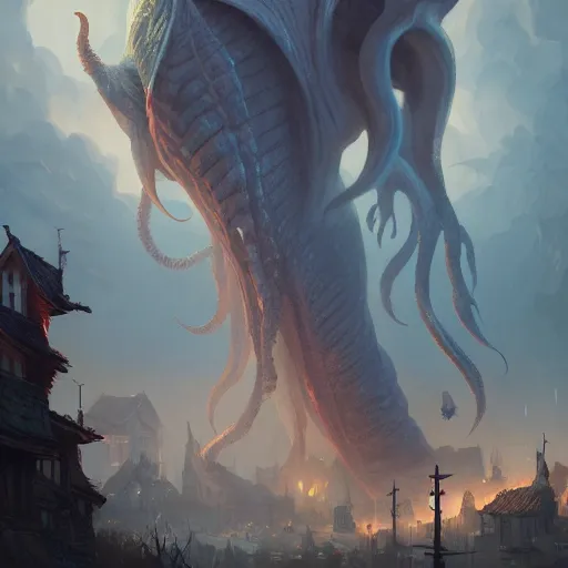 Image similar to gigantic cthulhu, small village for size comparison, dramatic light, painted by stanley lau, painted by greg rutkowski, painted by stanley artgerm, digital art, trending on artstation