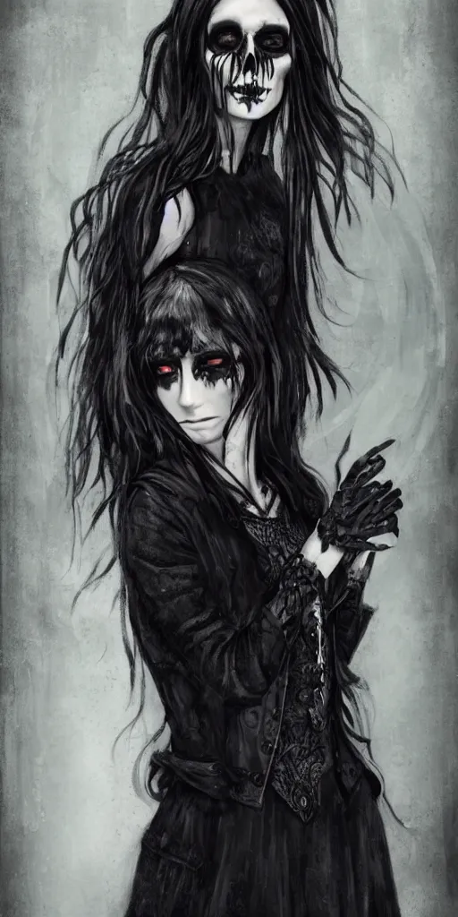 Image similar to A portrait of the character, Death, a young Goth girl wearing a black vest