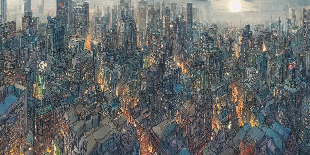 Image similar to the city that never sleeps, mythology, fairy tale, urban landscape, evening, highly detailed, low angle view, studio ghibli, artstation