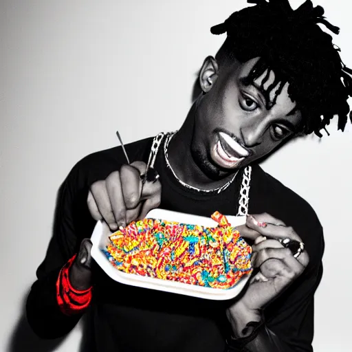 Prompt: a realistic photo of playboi carti eating fruity pebbles, film grain, vintage photo, high contrast