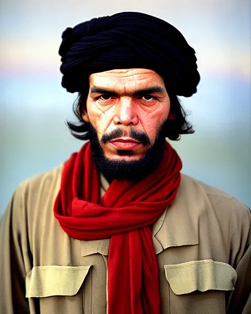 Image similar to portrait of che guevara as afghan man, green eyes and red scarf looking intently, photograph by steve mccurry