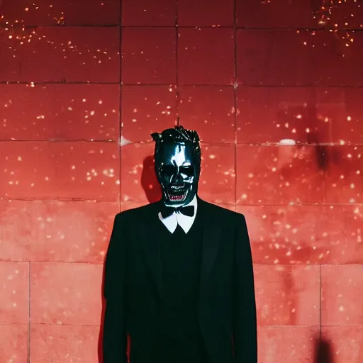 Image similar to sharp portrait of a man in a suit with a face made of black shiny leather standing in los angeles, blured zombies on a background, bokeh, detailed, film photography, kodak portra 4 0 0, mamiya,