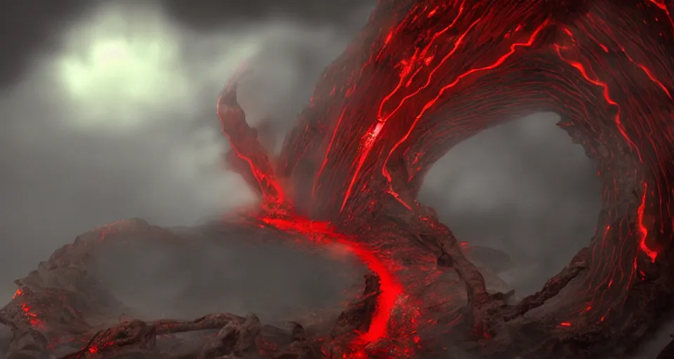 Image similar to a volcano made of ivory vines and crimson rocks enters in eruption, it spits a smoke in the shape of demonic eye, from Guild Wars