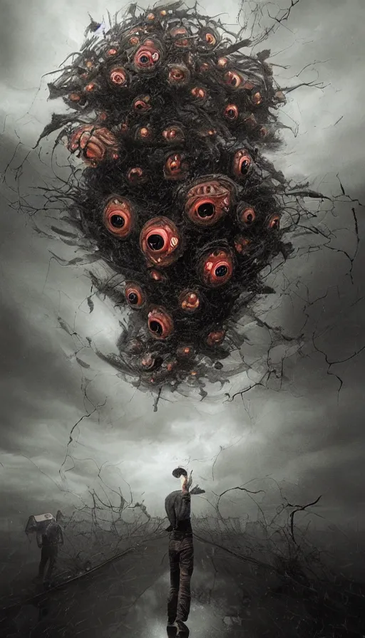 Prompt: a storm vortex made of many demonic eyes and teeth, by jeremy geddes