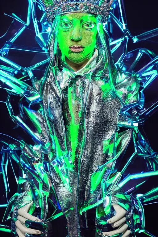 Prompt: hyper detailed ultra sharp portrait of baroque and bladerunner delicate neon glass sculpture of seductive albino christian santamaria, tigers green iridescent humanoid deity wearing metallic hoody made out of hands holding the sun prismatic dungeon, glowing blue face, crown of white diamonds, cinematic lighting, photorealistic, octane render 8 k depth of field 3 d