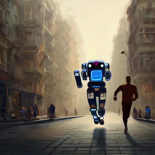 Image similar to beautiful digital painting of man helping robot run a marathon, high detail, 8 k, stunning detail, works by artgerm, greg rutkowski and alphonse mucha, unreal engine 5, 4 k uhd