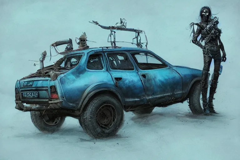 Image similar to a Dacia 1310, in Mad Max style, coriolios rpg art style, full of details, dark sci-fi, cold blue colors, matte painting, artstation, 8k, hyperrealistic, style of peter mohrbacher