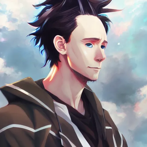 Image similar to anime portrait of Tom Hiddleston as an anime man by Stanley Artgerm Lau, WLOP, Rossdraws, James Jean, Andrei Riabovitchev, Marc Simonetti, and Sakimichan, trending on artstation