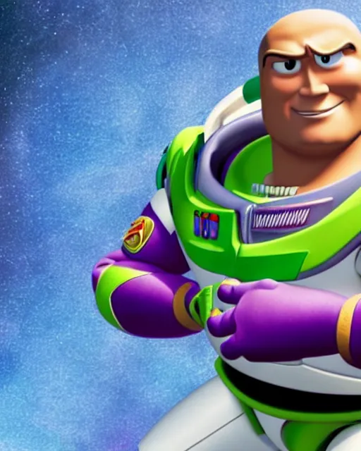 Image similar to Film still close-up shot of Dwayne Johnson as Buzz Lightyear in the movie Toy Story 3. Photographic, photography