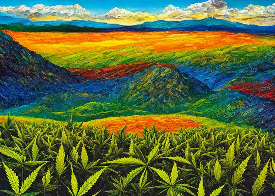 Prompt: beautiful cannabis fields on an alien landscape, colorful oil painting