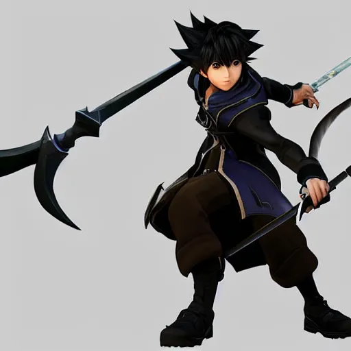 Image similar to a dark haired boy wielding a lance. character design. gesture drawing. line of action. official art, unreal engine 5, unreal engine. tetsuya nomura. kingdom hearts. medium shot. coherent. ray tracing hdr. 8 k. uhd. sharp focus. highly detailed. masterpiece. anime render. cinematic lighting. lifelike.