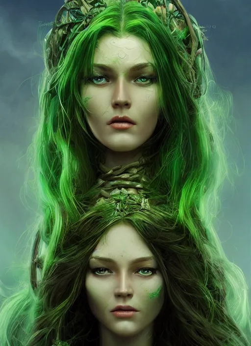 Image similar to beautiful wood goddess with long hair, bright green eyes, fantasy, elegant, concept art, sharp focus, beautiful face!!, digital art, Hyper-realistic, 4K, Unreal Engine, Highly Detailed, HD, Dramatic Lighting by Brom, trending on Artstation